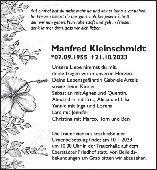 Traueranzeige von Manfred Kleinschmidt von Darmstädter Echo
