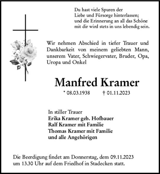 Traueranzeige von Manfred Kramer von Allgemeine Zeitung Mainz