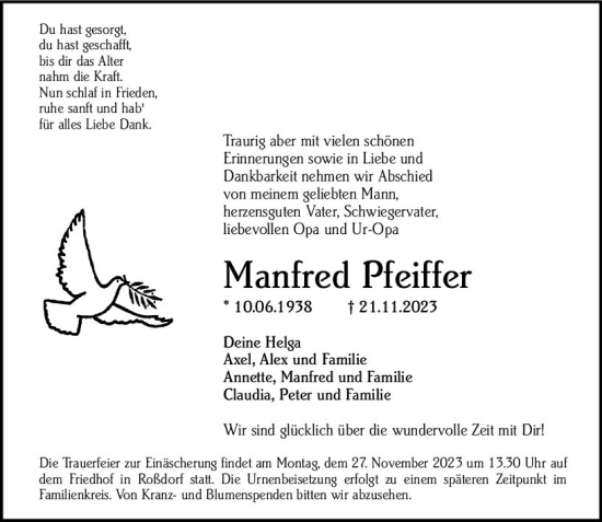 Traueranzeige von Manfred Pfeffer von Darmstädter Echo