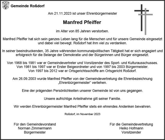Traueranzeige von Manfred Pfeiffer von Darmstädter Echo