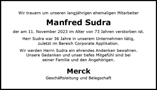 Traueranzeige von Manfred Sudra von Darmstädter Echo