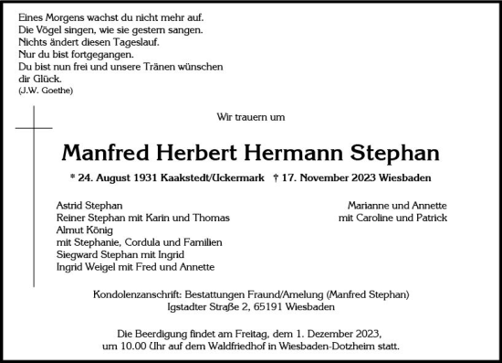 Traueranzeige von Manfred Herbert Hermann Stephan von Wiesbadener Kurier