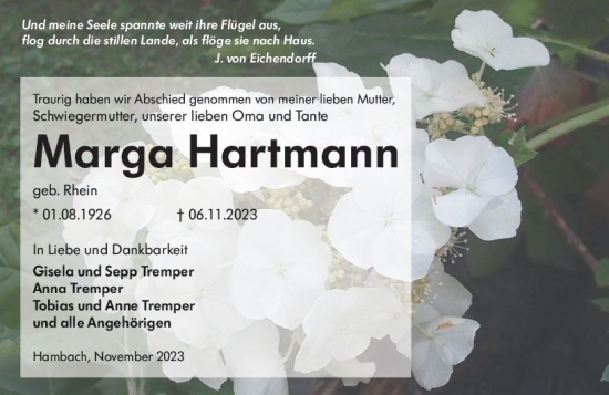 Traueranzeige von Marga Hartmann von Starkenburger Echo