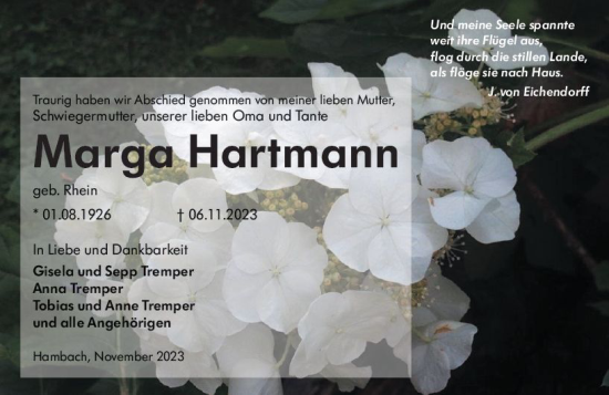 Traueranzeige von Marga Hartmann von Starkenburger Echo