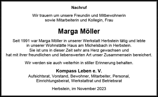 Traueranzeige von Marga Möller von VRM Trauer