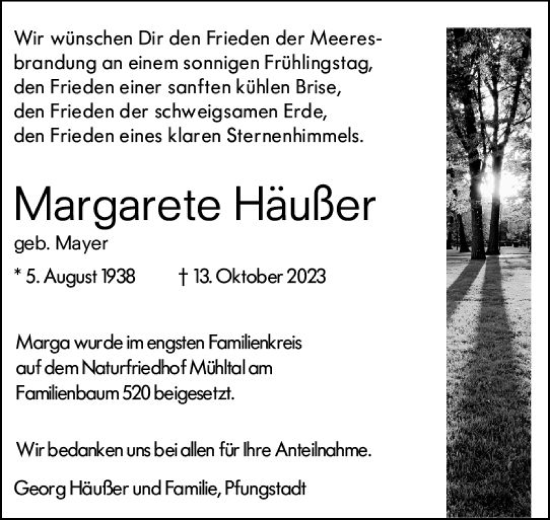 Traueranzeige von Margarete Häußer von Darmstädter Echo