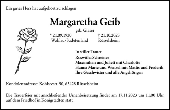 Traueranzeige von Margaretha Geib von Rüsselsheimer Echo