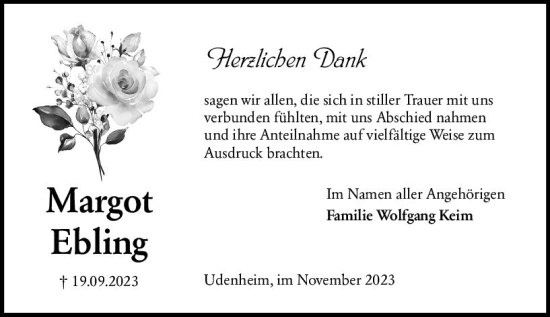 Traueranzeige von Margot Ebling von Allgemeine Zeitung Alzey