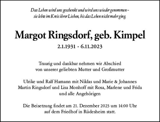Traueranzeige von Margot Ringsdorf von Allgemeine Zeitung Mainz