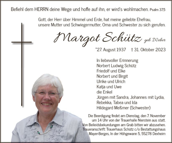 Traueranzeige von Margot Schütz von Allgemeine Zeitung Mainz