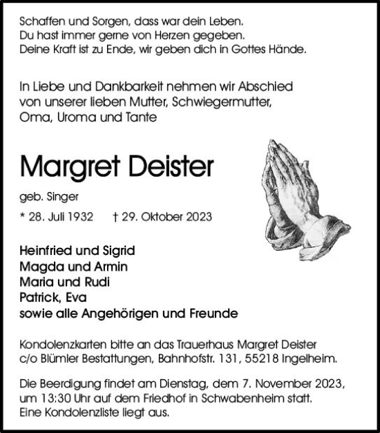 Traueranzeige von Margret Deister von Allgemeine Zeitung Bingen/Ingelheim
