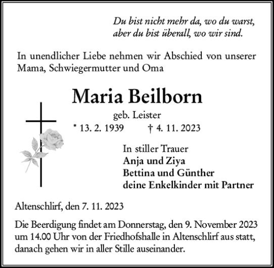 Traueranzeige von Maria Beilborn von VRM Trauer