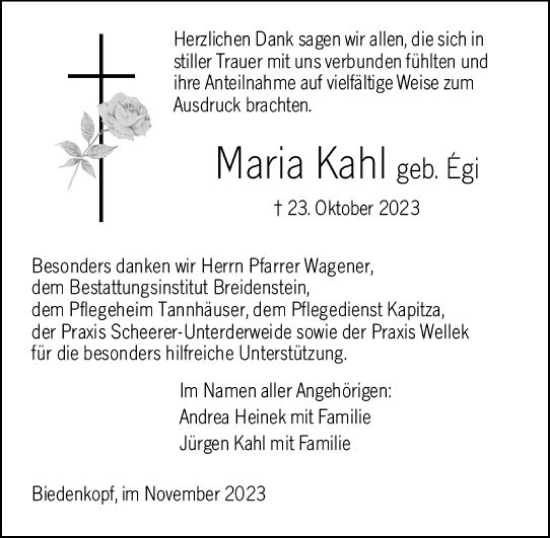 Traueranzeige von Maria Kahl von Hinterländer Anzeiger
