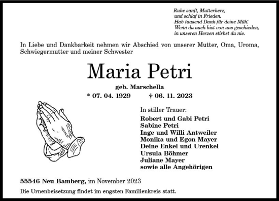 Traueranzeige von Maria Petri von Allgemeine Zeitung Bad Kreuznach