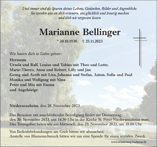 Traueranzeige von Marianne Bellinger von Nassauische Neue Presse