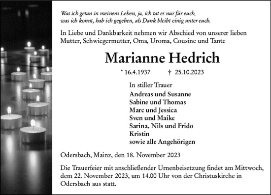 Traueranzeige von Marianne Hedrich von Weilburger Tageblatt