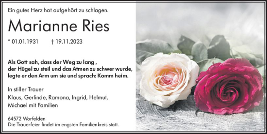Traueranzeige von Marianne Ries von Groß-Gerauer Echo
