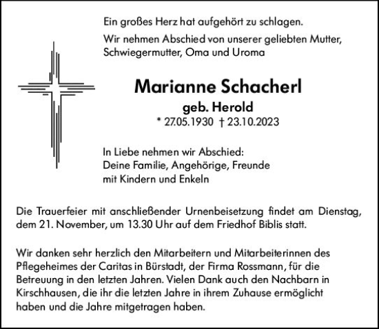 Traueranzeige von Marianne Schacherl von Starkenburger Echo