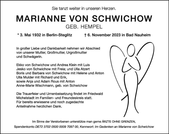 Traueranzeige von Marianne  von Schwichow von Darmstädter Echo