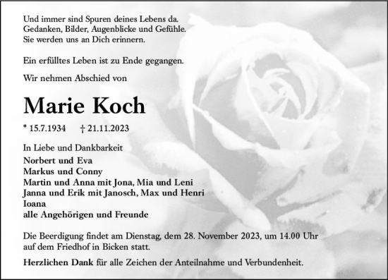 Traueranzeige von Marie Koch von Dill Block