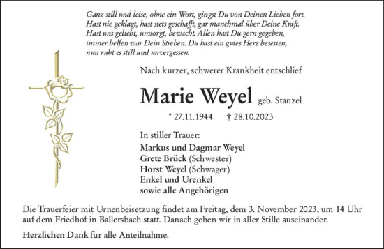 Traueranzeige von Marie Weyel von Dill Block