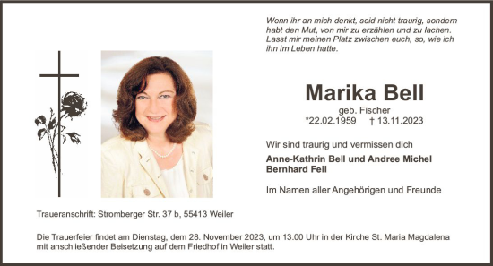 Traueranzeige von Marika Bell von Bingen/Ingelheim WOBL inkl. Neue Binger Ztg.