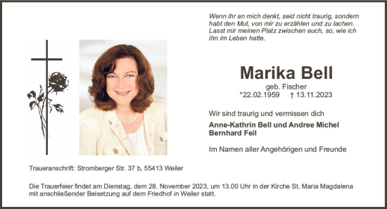 Traueranzeige von Marika Bell von Allgemeine Zeitung Bingen/Ingelheim
