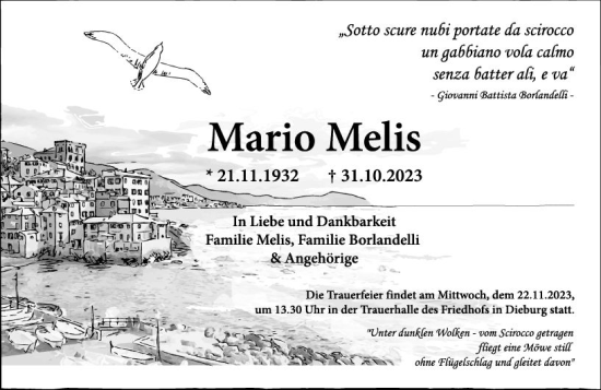 Traueranzeige von Mario Melis von Dieburger Anzeiger/Groß-Zimmerner Lokal-Anzeiger