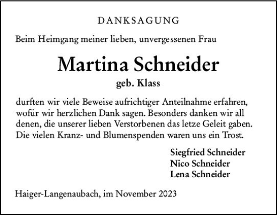 Traueranzeige von Martina Schneider von Dill Block