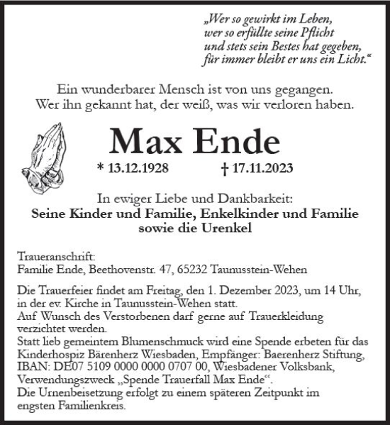 Traueranzeige von Max Ende von Wiesbadener Kurier