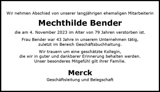 Traueranzeige von Mechthilde Bender von Darmstädter Echo
