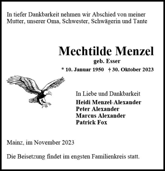 Traueranzeige von Mechtilde Menzel von Allgemeine Zeitung Mainz
