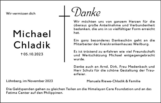 Traueranzeige von Michael Chladik von Weilburger Tageblatt
