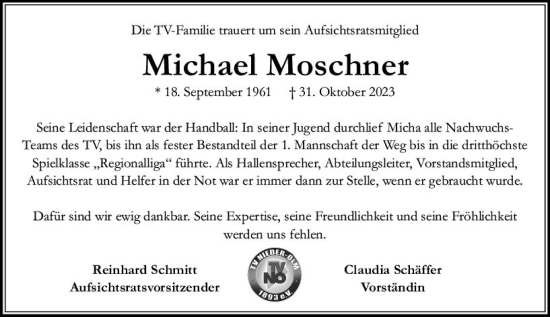 Traueranzeige von Michael Moschner von Allgemeine Zeitung Mainz
