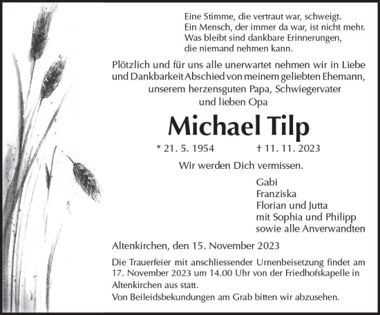 Traueranzeige von Michael Tilp von Dill Block