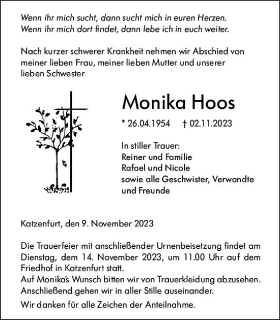 Traueranzeige von Monika Hoos von Wetzlarer Neue Zeitung