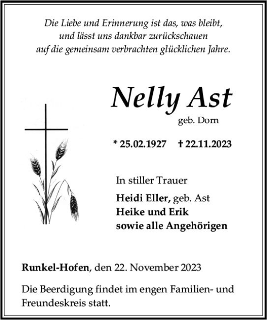 Traueranzeige von Nelly Ast von Nassauische Neue Presse