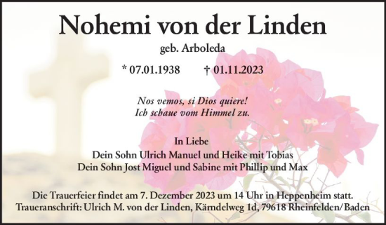 Traueranzeige von Nohemi von der Linden von Starkenburger Echo