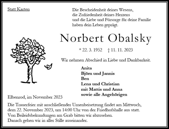 Traueranzeige von Norbert Obalsky von Oberhessen Kurier