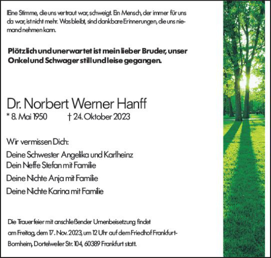 Traueranzeige von Norbert Werner Hanff von Starkenburger Echo
