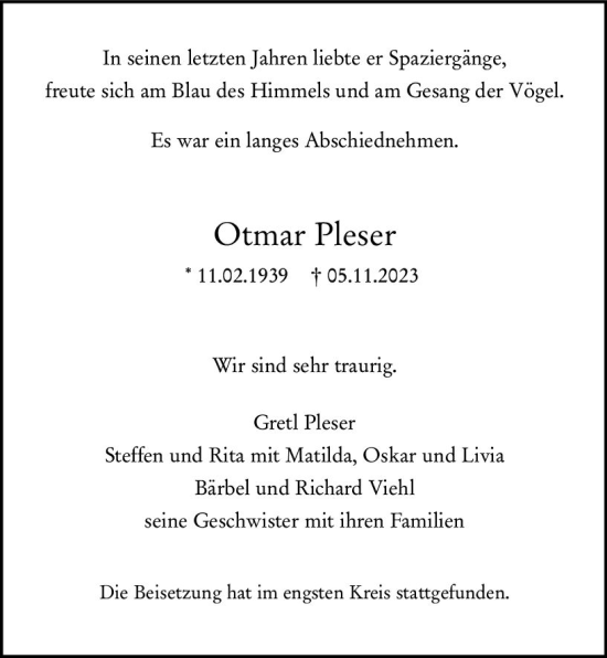 Traueranzeige von Otmar Pleser von Darmstädter Echo