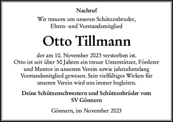 Traueranzeige von Otto Tilimann von Hinterländer Anzeiger