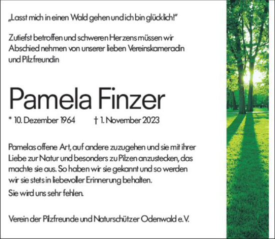 Traueranzeige von Pamela Finzer von Odenwälder Echo