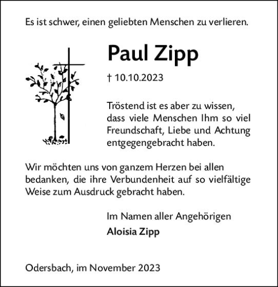 Traueranzeige von Paul Zipp von Weilburger Tageblatt