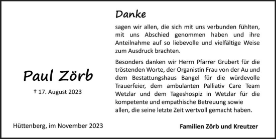 Traueranzeige von Paul Zörb von Wetzlarer Neue Zeitung