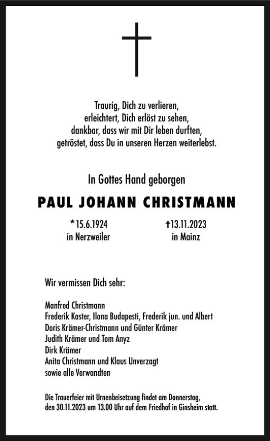 Traueranzeige von Paul Johann Christmann von Allgemeine Zeitung Mainz