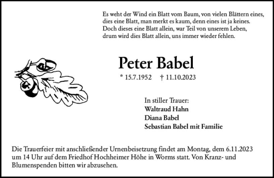 Traueranzeige von Peter Babel von Wormser Zeitung