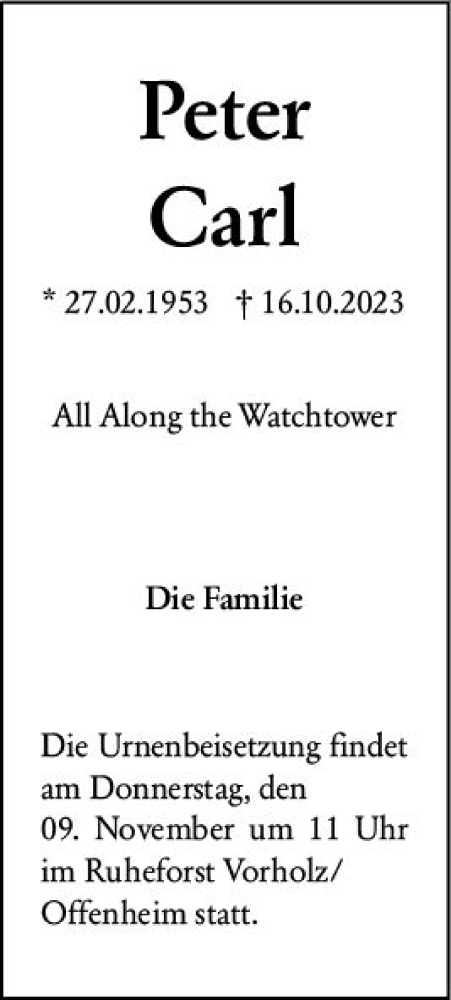 Traueranzeige von Peter Carl von Allgemeine Zeitung Alzey