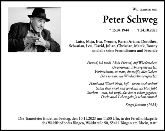 Traueranzeige von Peter Schweg von Allgemeine Zeitung Bingen/Ingelheim
