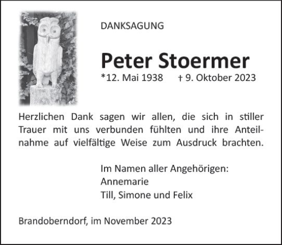Traueranzeige von Peter Stoermer von Wetzlarer Neue Zeitung
